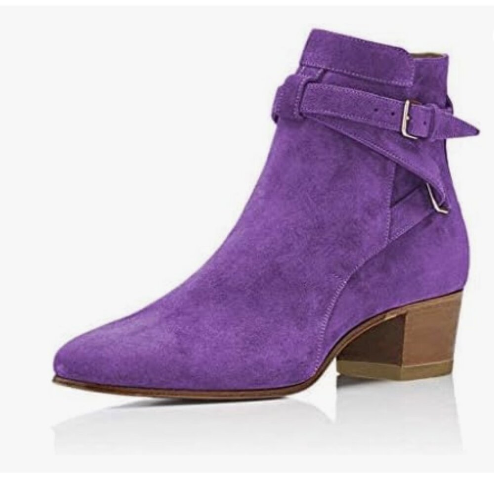 YDN Women Block Low Heel Suede Boots Pull on Ankle Bootie with Buckle Purple